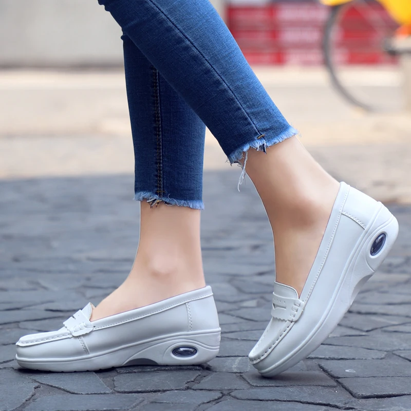 Plardin Women Loafers Shoes Genuine Leather Slip On Walking Shoes White Sneakers Casual Shoes Ballet Flats Hospital Nurse Shoes