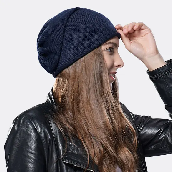 FURTALK Шерсть Девушку Весна Осень Женщины Hat вязание Шапочки Hat Cap для Девочек Громоздкая Сумка Шляпы для Женщины Чулок Hat - Цвет: Navy blue