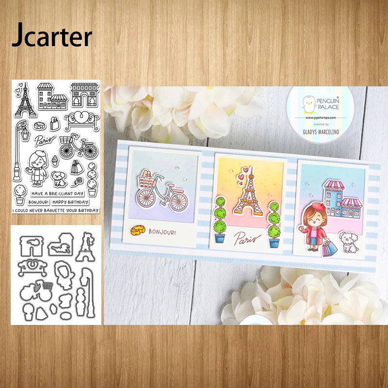 

Eiffel Tower Triumphal Arch Bicycle Girl Cutting Dies and Clear Stamps Craft Stencil Scrapbook Album Paper Make Template Decor