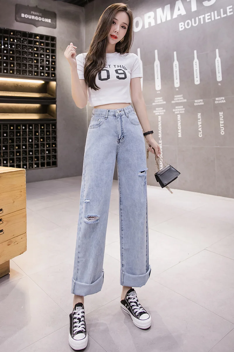 

Houthion New High Waist Women's Denim Jeans Fashion Summer Korean Casual Solid Color Wide Leg Multi-pocket Zipper Pants