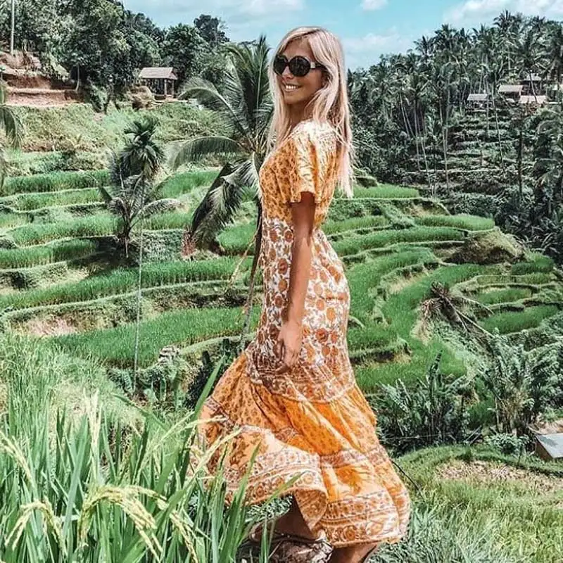 Богемный Вдохновленный желтым цветочным принтом длинное платье Бохо на