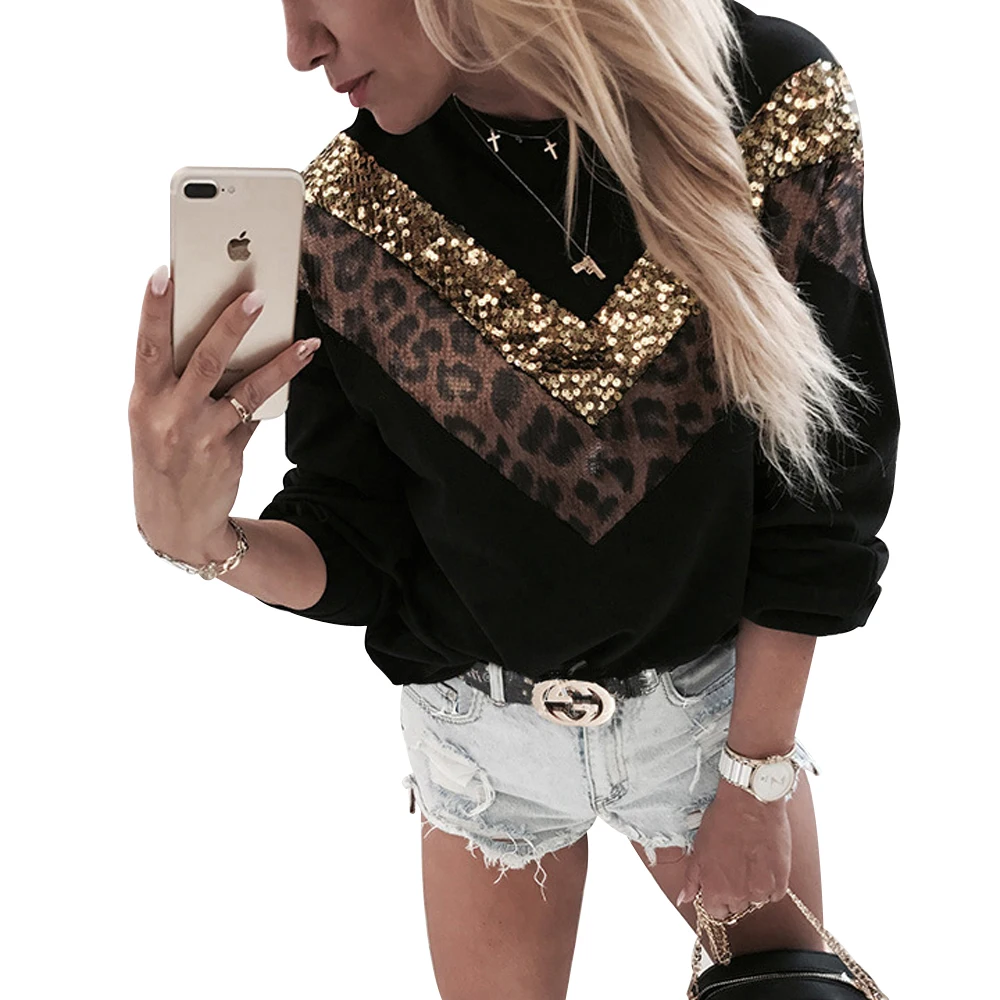 

Women Autumn Sweatshirt Sequin Leopard Printed Splicing O-Neck Long Sleeves Form-Fitting Pullover for Girls