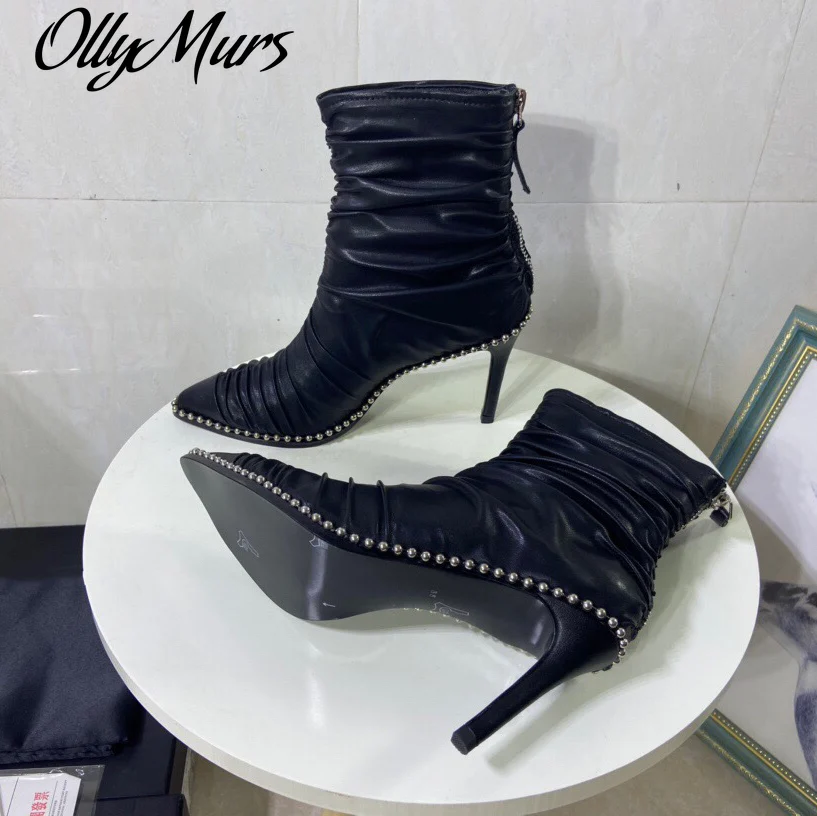 

Ollymurs New Hot Sale Winter Shoes Woman Genuine Leather Mid-Calf Boots Woman Pointed-Toes Super High Heels Boots Woman