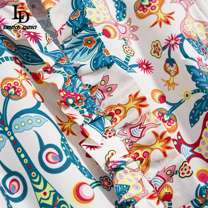 

LD LINDA DELLA Fashion Designer Summer New Floral Vacation Dress Women's Short sleeve Belt High waist print Bohemian Midi Dress