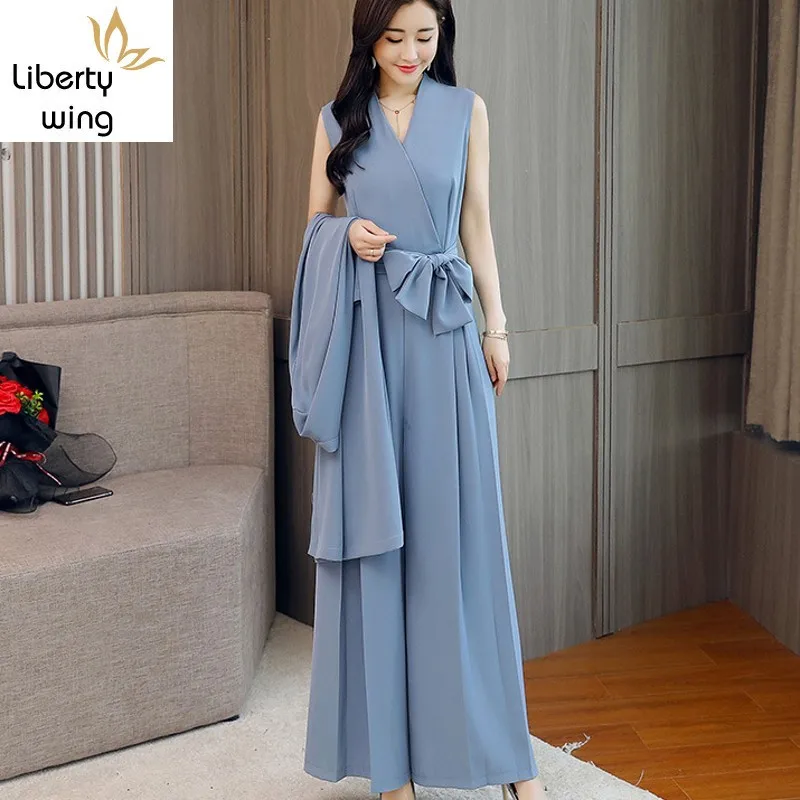 Элегантный женский комбинезон с поясом и широкими штанинами офисный вечерний