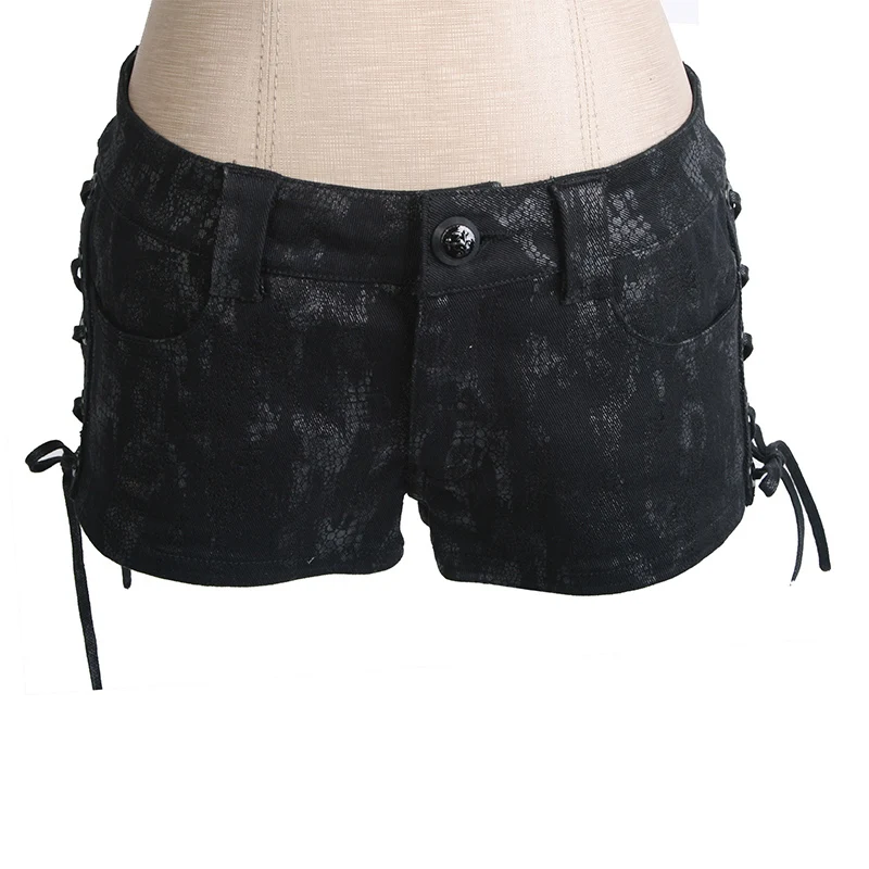 Черные узкие шорты в стиле панк украшенные кружевом и веревкой|Женские шорты| |