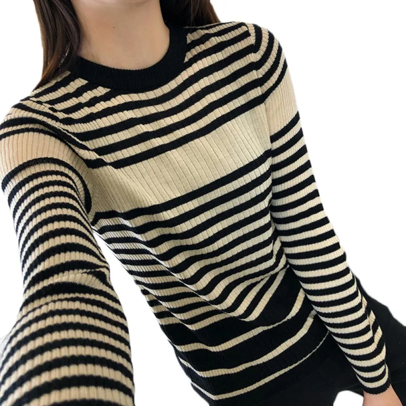 

2019 New Fashion Blouses Classic striped knit bottoming shirt winter new round neck slim knit pullover womens