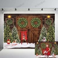 christmas barn wood door backdrop for photography winter xmas tree wreath socks decoration for baby shower birthday photo studio
