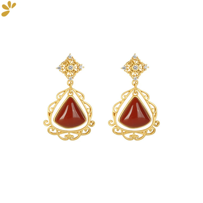 

GEEZENCA 925 Silver Gold Plated Geometric Hollow Craft Agate Stud Earrings For Women Fine Jewel Baroque Court Style Earring Gift