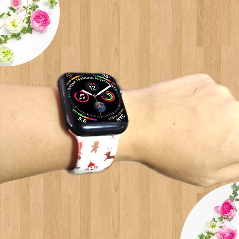 Мягкий силиконовый ремешок для Apple watch band 5 4 44 мм 40 мм Рождественский подарок с цветочным принтом наручный ремень iWatch 5 4 3 38 мм 42 мм ремешок для часов