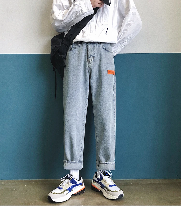

LAPPSTER Mens Korean Fashoins Harem Blue Jeans Pants 2020 Vintage Straight Pants Harajuku Jeans Baggy Belt High Quality Denim