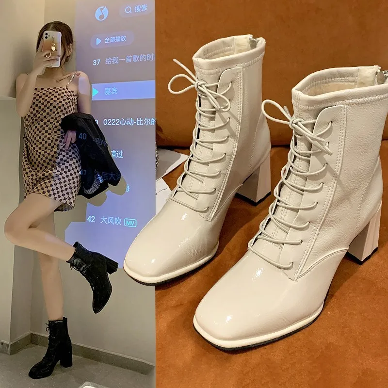 

Women Square Head Ankle Boots Fashion Cross Strap Square High Heels Winter Shoes Zipper Office Thick Casual Heel Lady Boots