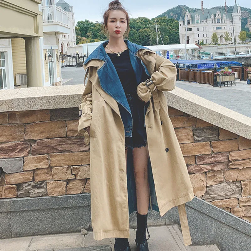 [EWQ] 2020 осенний Новый Тренч женский модный джинсовый пэчворк хаки Пальто Куртка