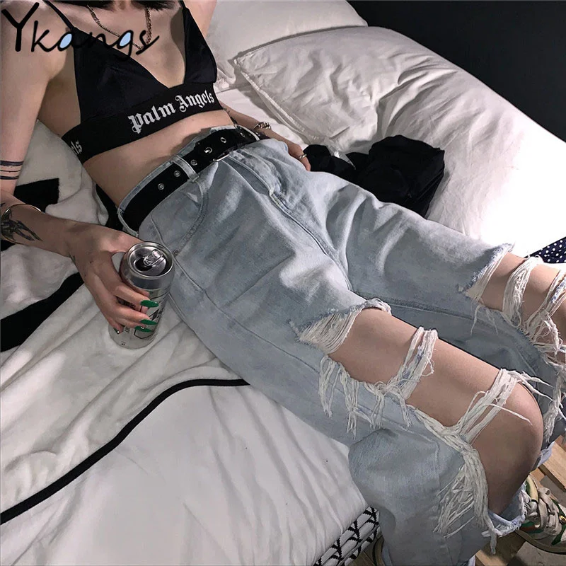 

high waist Ripped Jeans For Women's Loose Thin Jeans denim Pants Breeches Overalls 2021 Vintage Female Torn Trousers streetwear