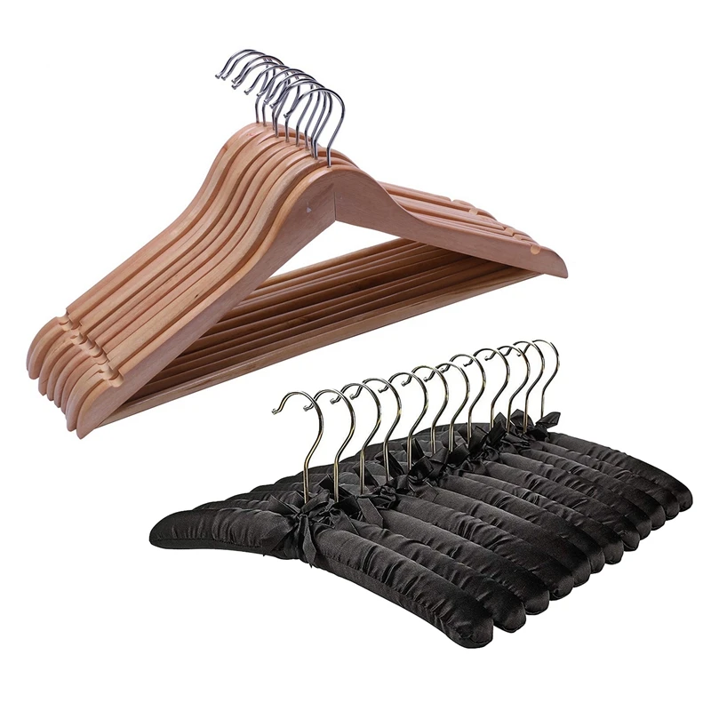 

22 Pcs Hangers: 10 Pcs Metal Hook Wooden Hangers & 12 Pcs 15Inch Large Satin Padded Hangers With Gold Hooks