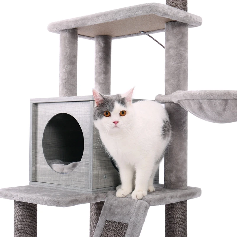 

57 Inches Cat Tree 4 Levels Platform for Cats Featuring with Fully Scratching Posts, Hammock, Padded Perch and Dangling Ball