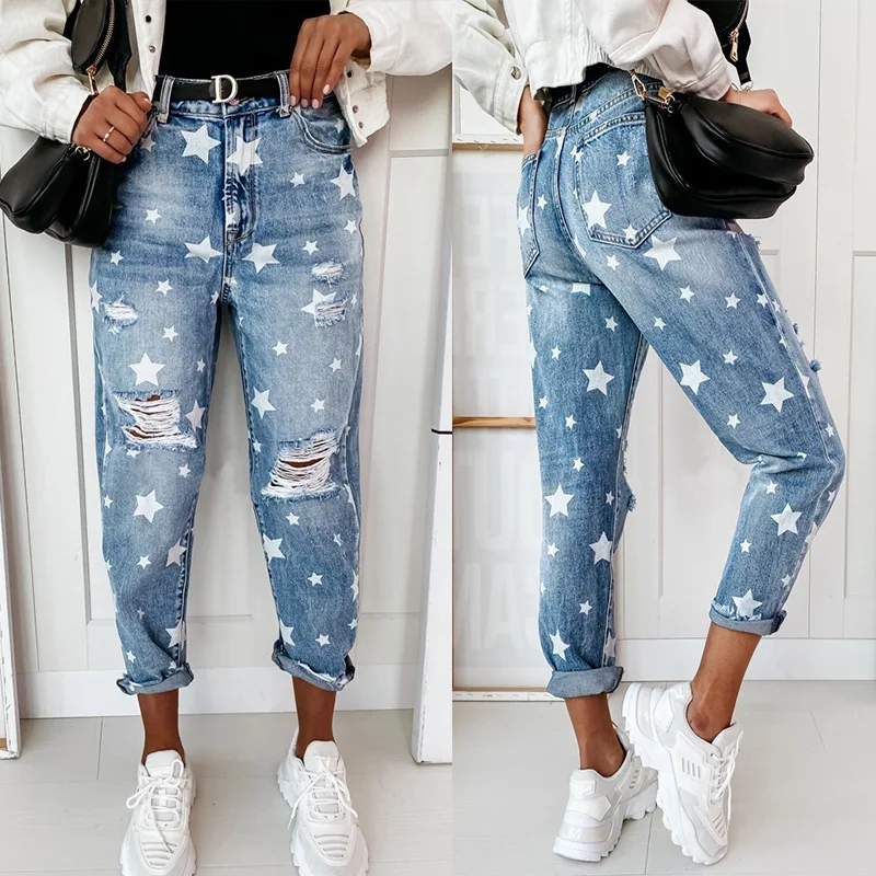 

Mandylandy Star Pattern Ripped Jeans Fashion Washed Denim Trousers for Women Summer Streetwear Pencil Pants Jeans