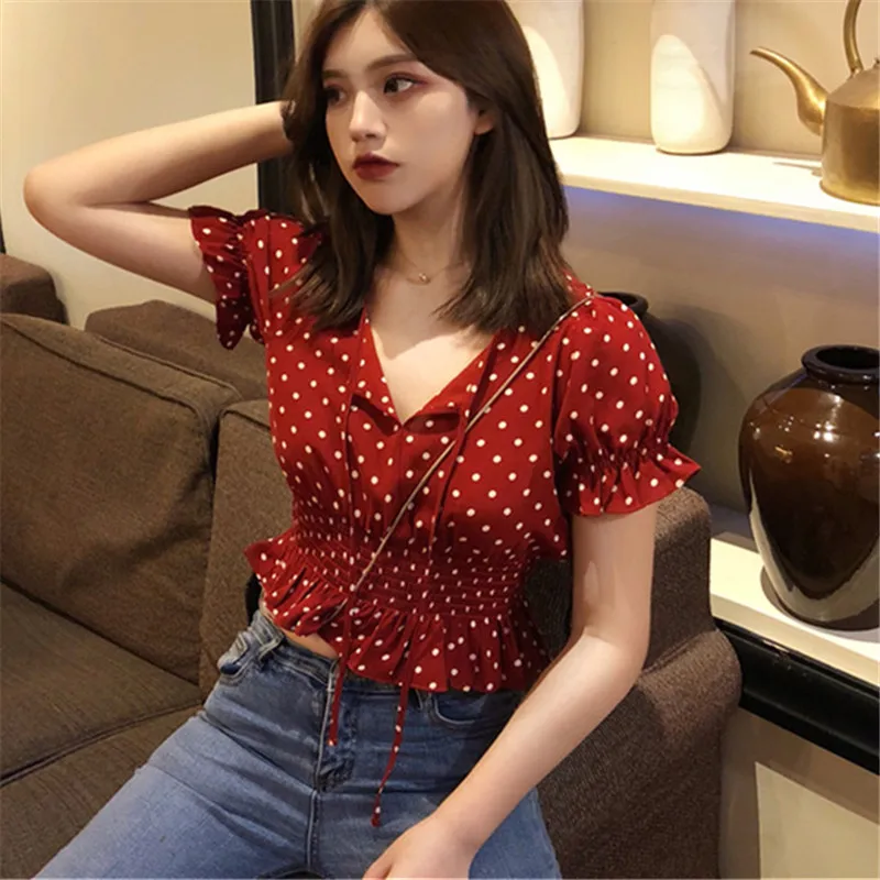 Женский винтажный короткий топ Neploe красный укороченный с короткими рукавами