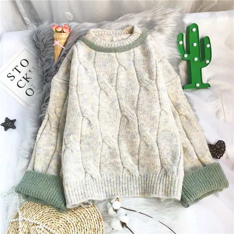 

2021 Autumn Winter Women Elegant Warm Thick Sweater Female Solid Loose O-neck Knitted Sweaters Lady Long Sleeve Pullover L410