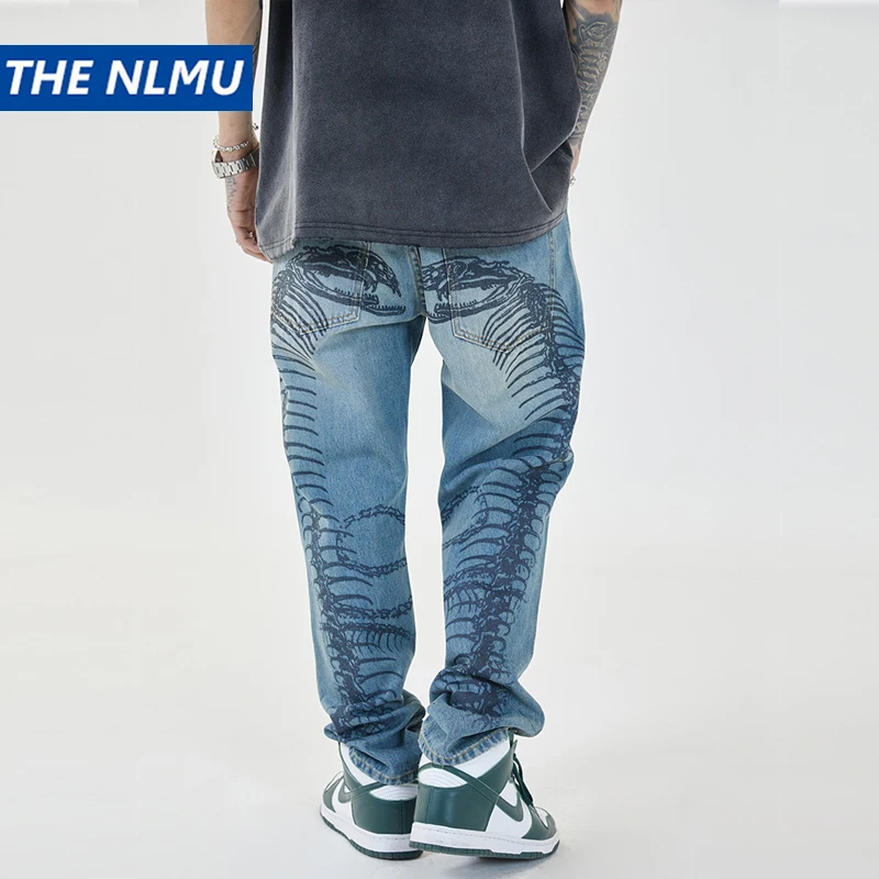 

Harajuku Back Skeleton Print Straight Jeans Pants Streetwear 2021 Men Hip Hop CasualDenim Trousers Fashion Male WY901