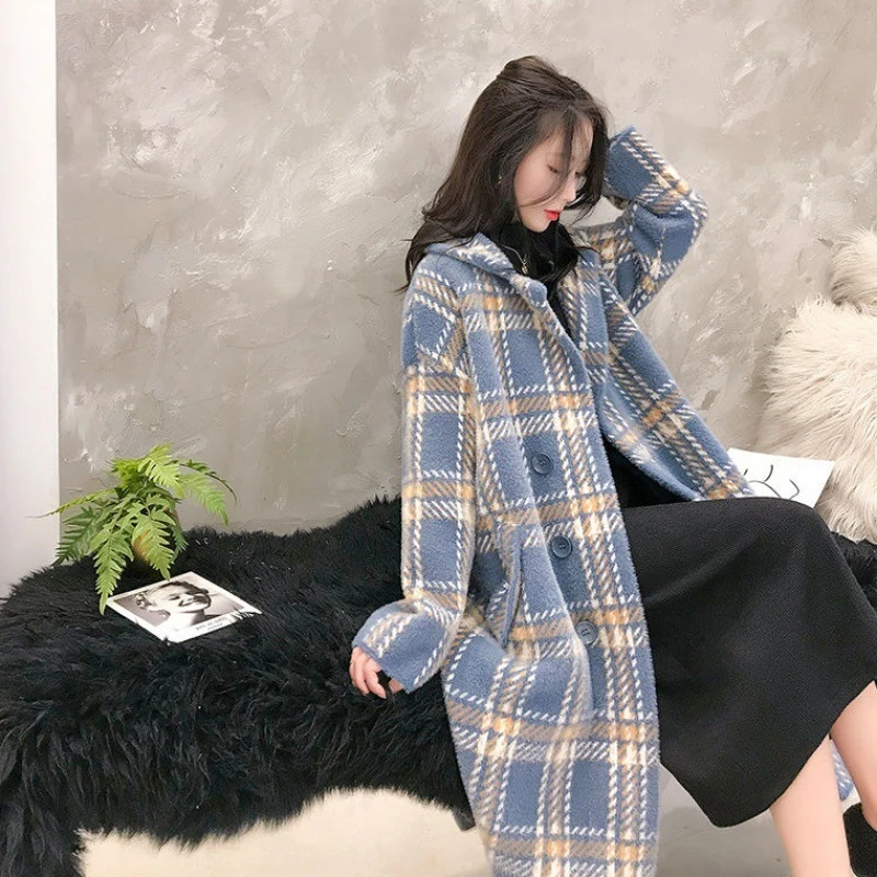 

2021 Faux Mink Down Thicken Jacket Korean Loose Long Knit Cardigan Autumn Winter Woolen Coat Lattice Clothes Chaquetas De Mujer