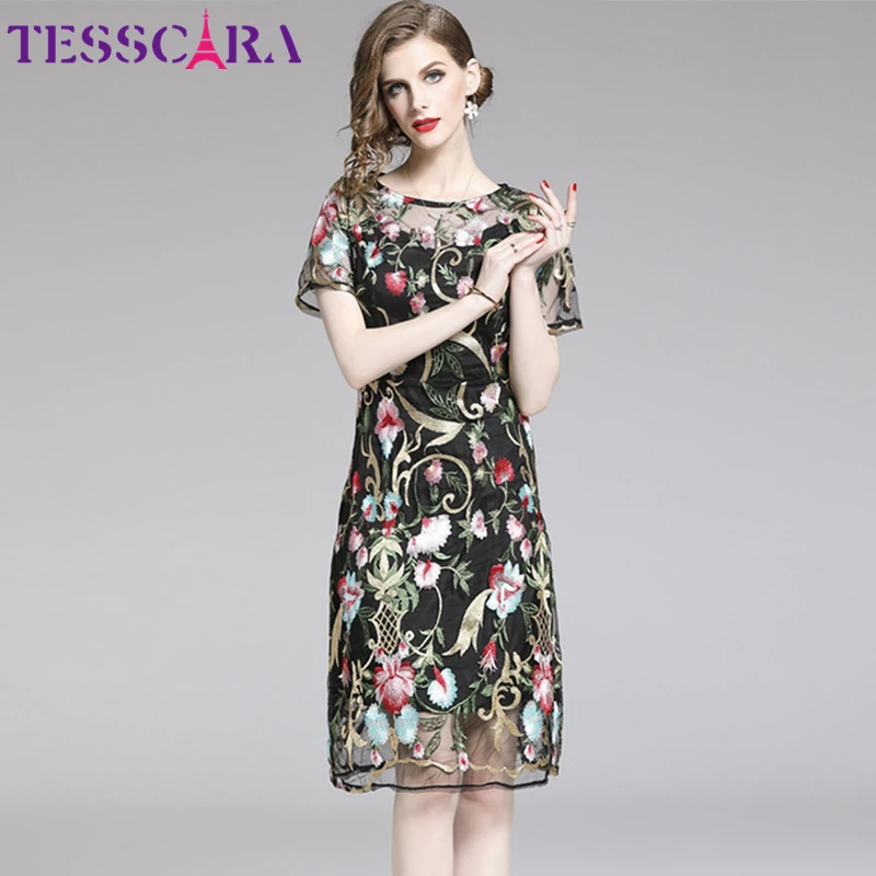 TESSCARA Women Luxury Embroidery Mesh Dress Female Elegant Event Party Robe Femme Designer High Quality Ladies Cocktail Vestidos | Женская