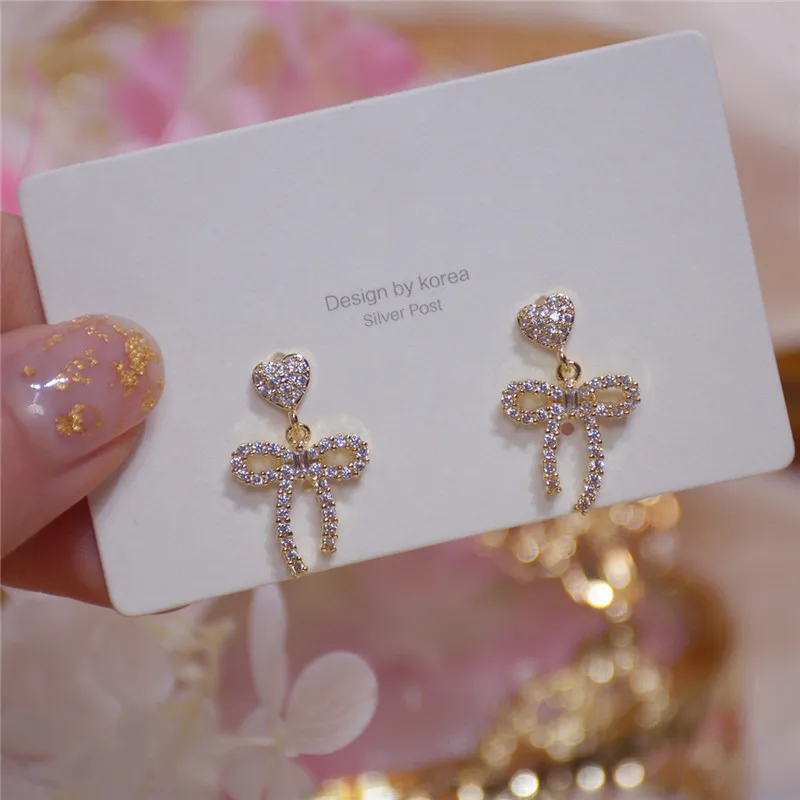 

High Quality 14K Real Gold Cute Bow Stud Earrings for Women Cubic Zircon ZCsweet Gift Earrings