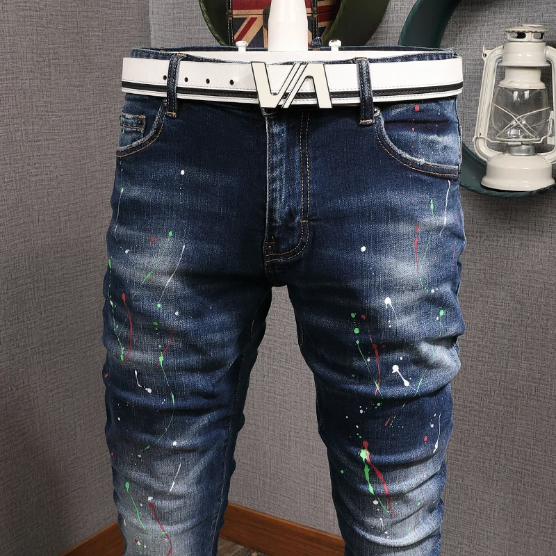 European American Street Style Fashion Men Jeans Retro Blue Slim Fit Painted Designer Jeans Men Hip Hop Cotton Denim Punk Pants