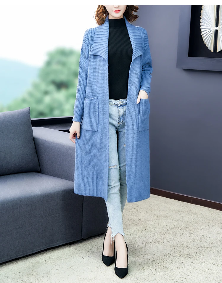 Осенняя одежда 2019 вязаный женский кардиган длинный свитер с карманами шерстяной