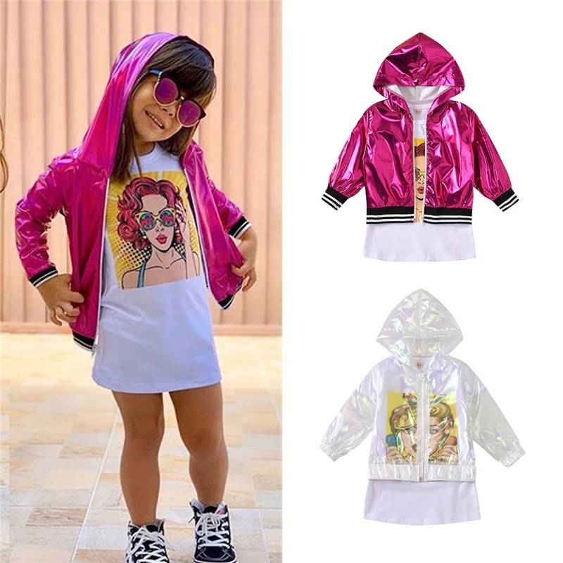 Осень 2020 Модное детское платье с принтом персонажа для маленьких девочек + пальто