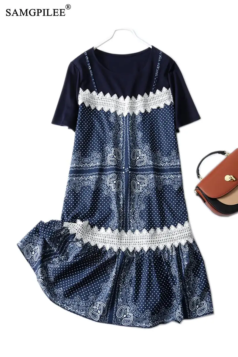 

Summer Retro Women Clothing 2021 New Fashion Fake Two Piece Floral Fishtail Knee Length Korean Loose Chiffon Dresses Woman 4XL
