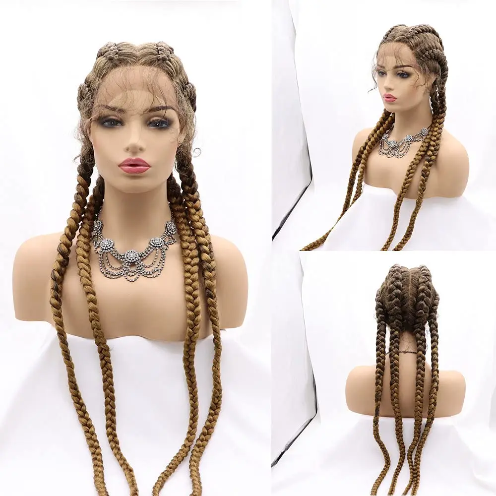 Synthetic Lace Front Wigs Black Mixed 27# Brown Wig with Baby Hair 100% Hand-Braided 4 Dutch Braids Brown for Women