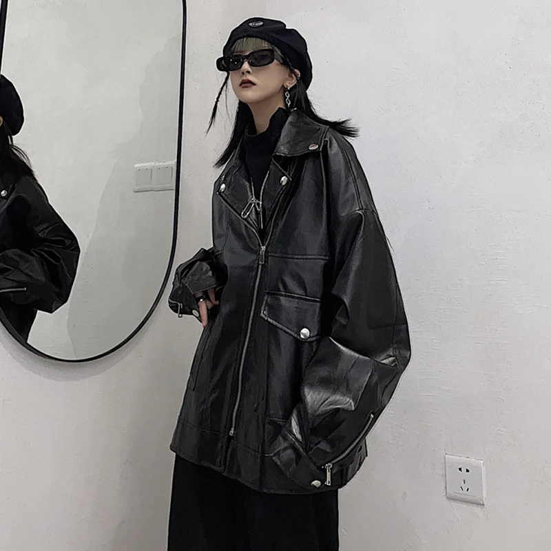 

SHENGPALAE Streetwear PU Leather Jacket Women's Autumn 2021 New Lapel Large Size Zipper Long Sleeve Leather Jacket Female 5E2083