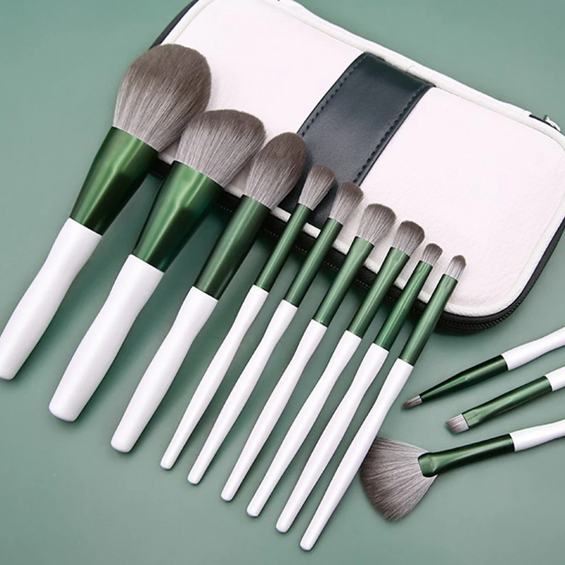 

12 Pcs Green Glaze Makeup Brushes Set Super Soft Bionic Snow Fox Hair Full Set