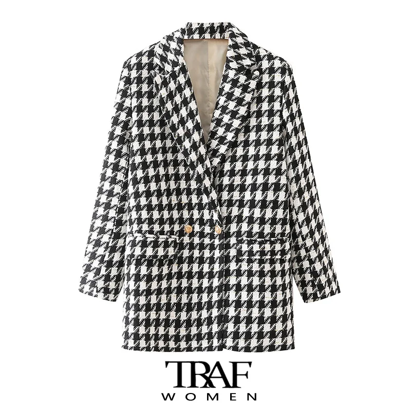 

TRAF Women Fashion Houndstooth Tweed Blazer Coat Vintage Long Sleeve Flap Pockets Female Outerwear Chic Veste Femme
