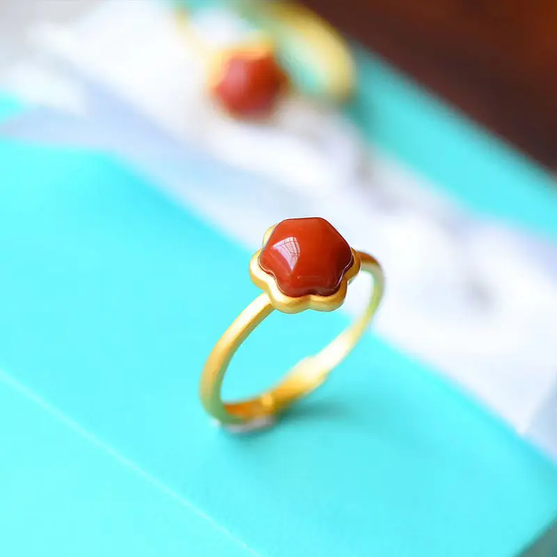 

New Niche Design Six-Pointed Star Ring S925 Sterling Silver Inlaid Southern Red Agate Open Ring Women's Small and Exquisite