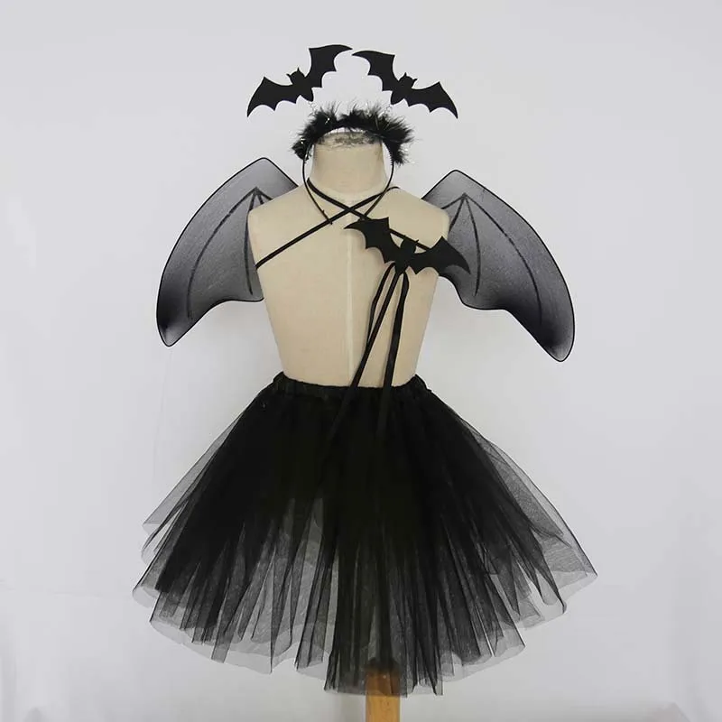 

Dress Up Costume Girl Kids Skirt Bat Wings Black Angel Devil Party Queen Headband Wands Cosplay Halloween