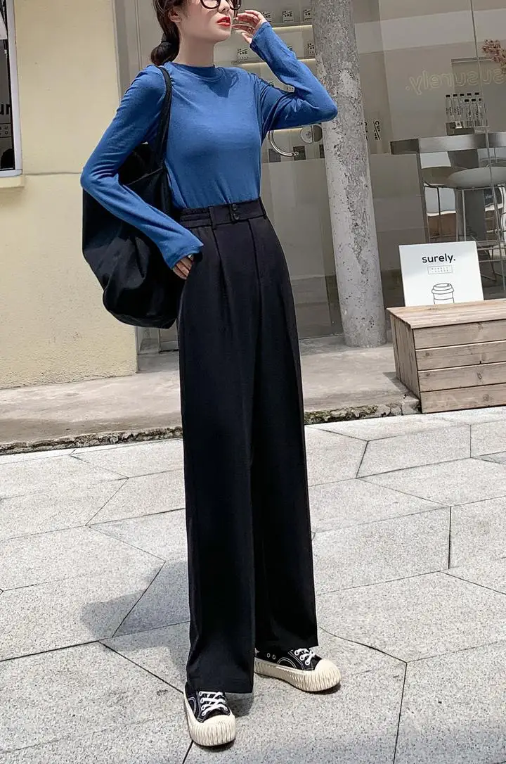 

Koeran Style Spring Summer Women Fashion Solid Straight Wide Leg Pants Casual Loose High Waist Office Suit Pants Female Trousers