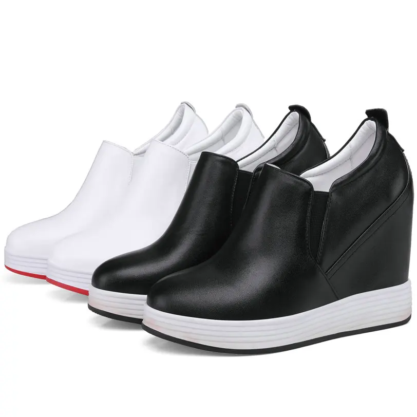 

Fashion Sneakers Women Genuine Leather Wedges High Heel Vulcanized Shoes Female Slip On Round Toe Platform Pumps Shoes Trainers