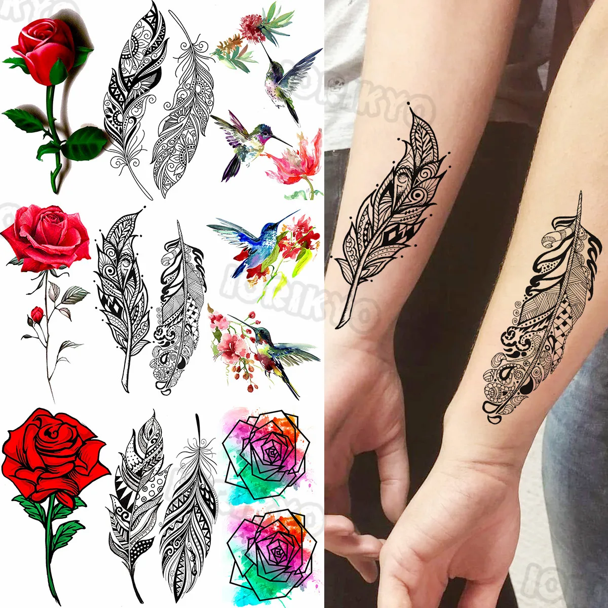 

Feather Small Temporary Tattoos For Women Girls Realistic Watercolor Hummingbird Rose Flower Fake Tattoo Sticker Arm Body Tatoos