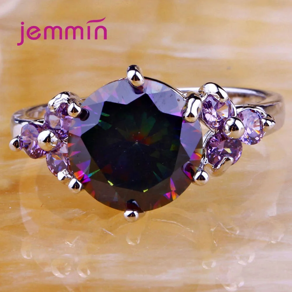 

925 Sterling Silver Rainbow Ring for Women Wedding Engagement 6 Claws Prong Setting Round Crysyal Cubic Zircon Fashion Jewelry