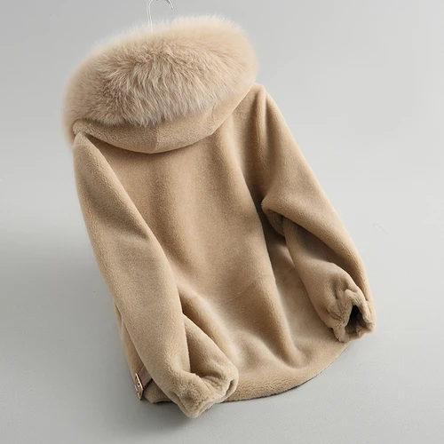 Camel AYUNSUE Real Fur Coat Female Jacket Winter Coat Women Clothes Fox Fur Collar Hooded Short Wool Fur Jacket 7623 KJ2884 - Цвет: Camel