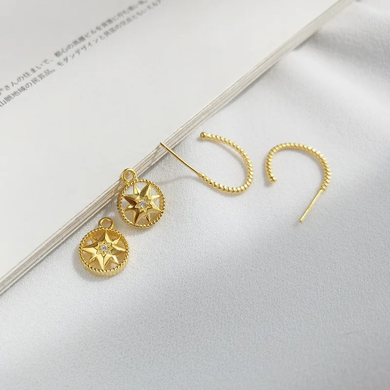 Золотые серьги кольца 100% Стерлинговое Серебро 925 пробы цельные со звездами для