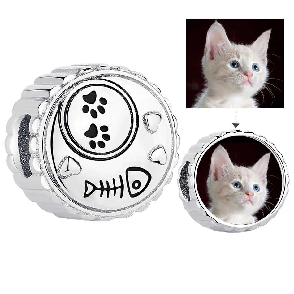 Прекрасный рыбья кость кошка следы Круглый Шарм 925 пробы серебро