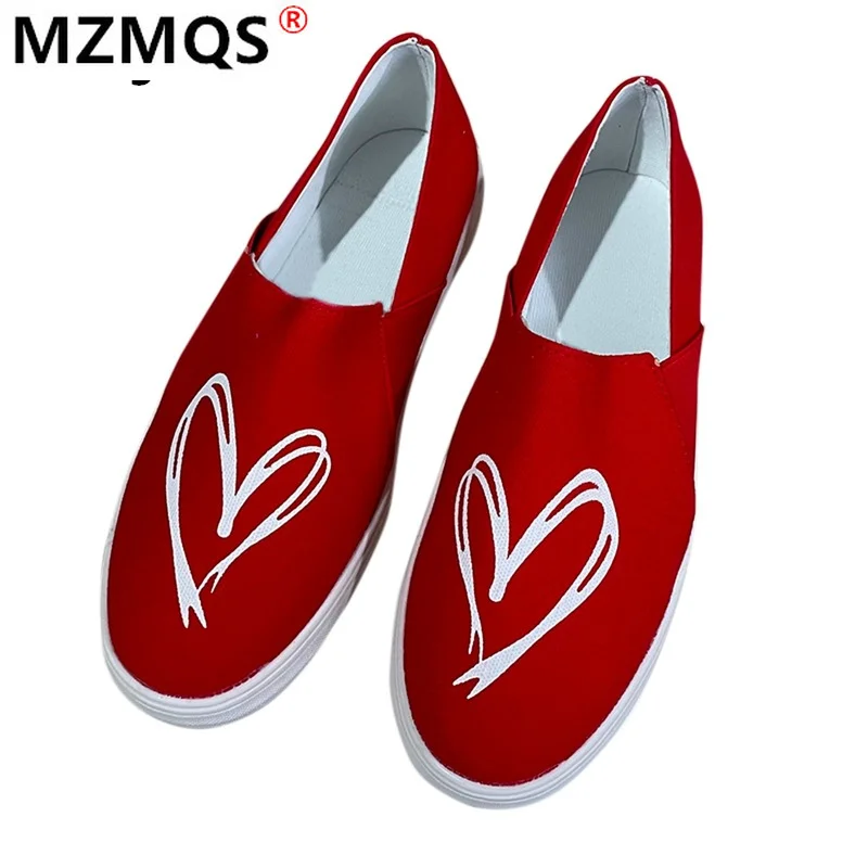 

Canvas Sneakers Women Casual Vulcanized Shoes Slip-on Hearted Pattern Flat Platform Spring Summer Breathable Outdoor Sneakers