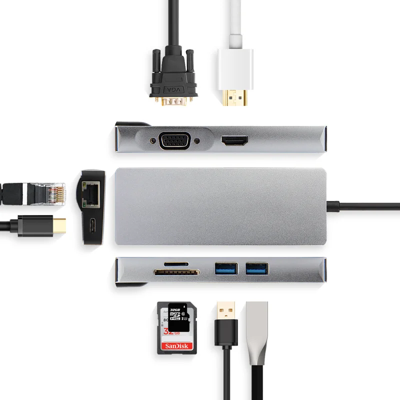 Ajiuyu USB C концентратор type-C адаптер док-станция Thunderbolt 3 мульти порт HDMI VGA USB RJ45 Gigabit Ethernet сплиттер для MateBook Pro Air