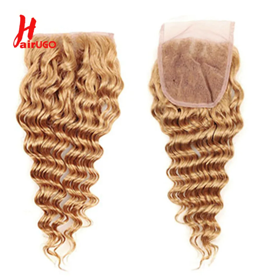HairUGo Brazilian 27# Honey Blonde Deep Wave Human Hair Closure 4x4 Body Wave Lace Closure 100% Human Hair With Baby Hair Remy