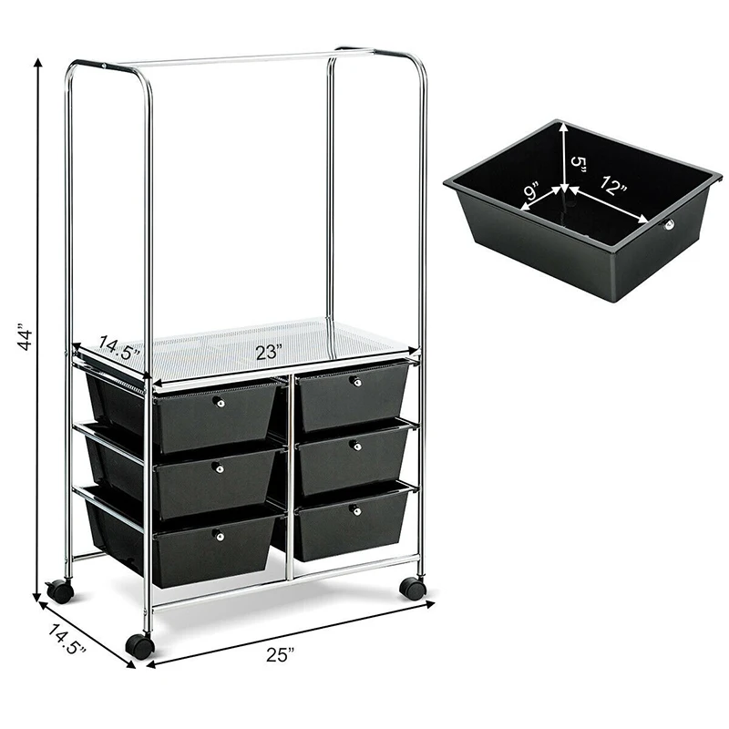 

6 PP Drawer Rolling Storage Drawer Cart Sturdy Chrome Finish Metal Frame Hanging 4 Universal Wheels Rolling Cart Storage Holders
