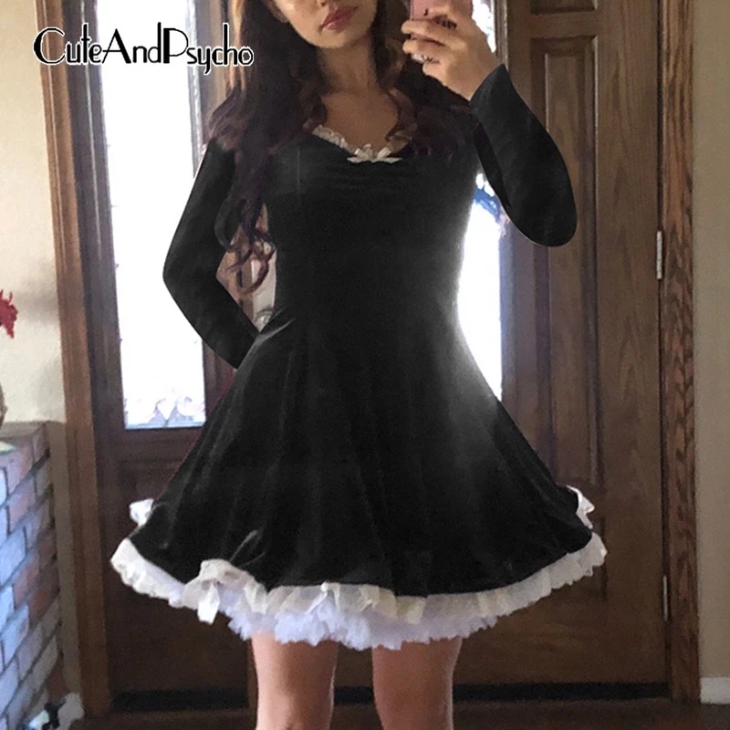 

Women Velvet Dress Solid Color Slim Long Sleeve V Neck Lace Hem Dress Fashion Spring Autumn Women Clothing