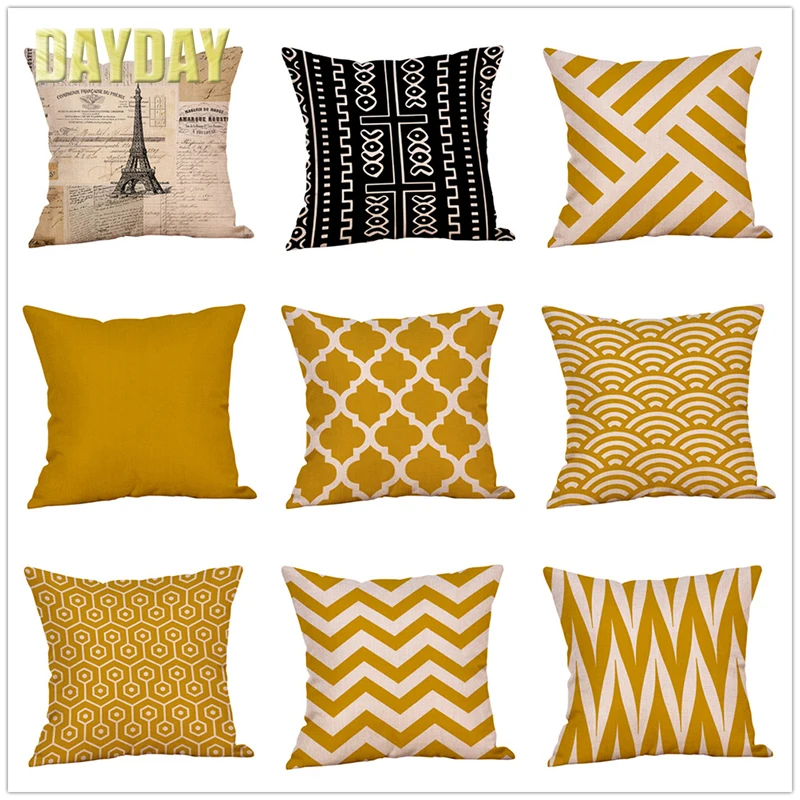 

Yellow Striped Autumn Pillowcase Linen Geometric Printed Pillow Covers Cushion 45x45 Decorative Pillows For Sofa Home Doecor